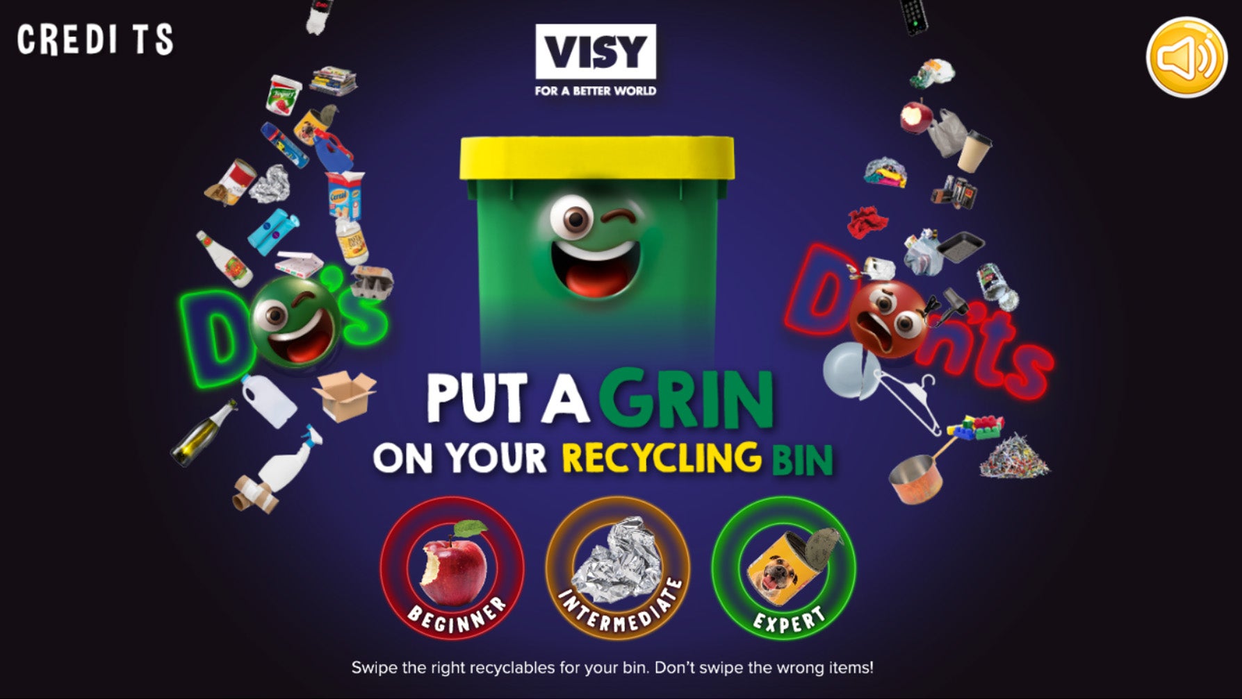 Graphic that reads 'Put a grin on your recycling bin' with a winking face on a yellow lidded recycling bin and common household items around it