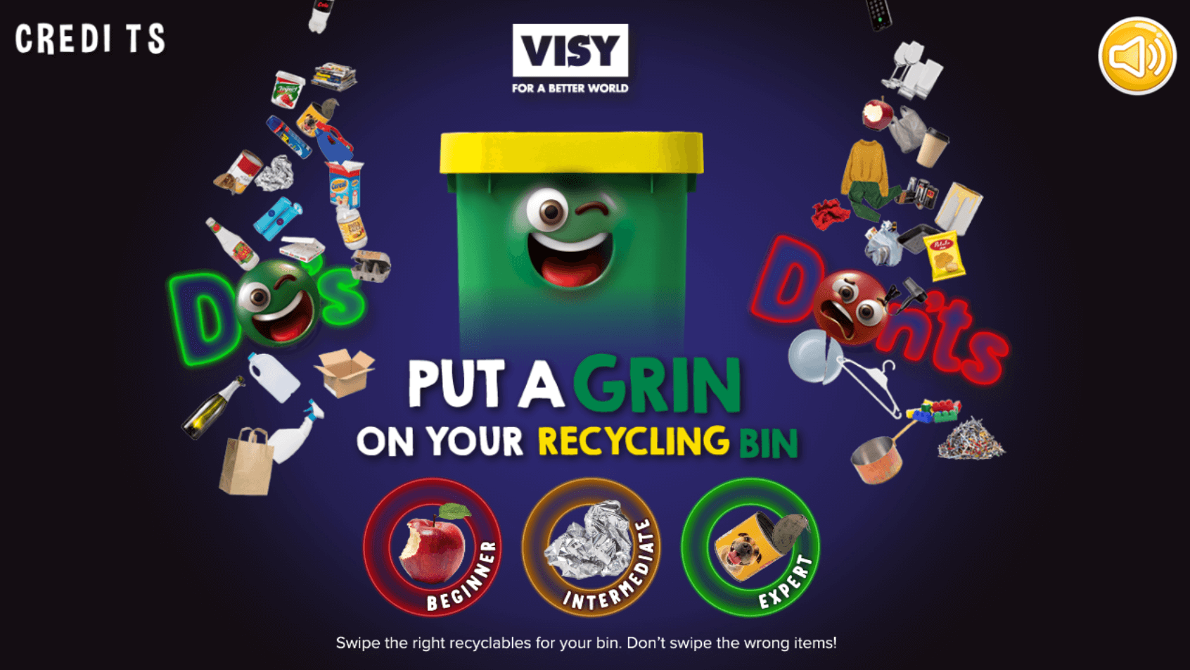 A recycling bin with icons of what can and can't go in the bin.