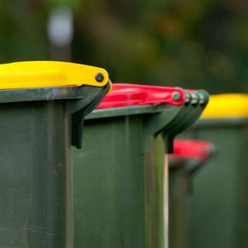 Wheelie bins with yellow and red lids lined up on a street.